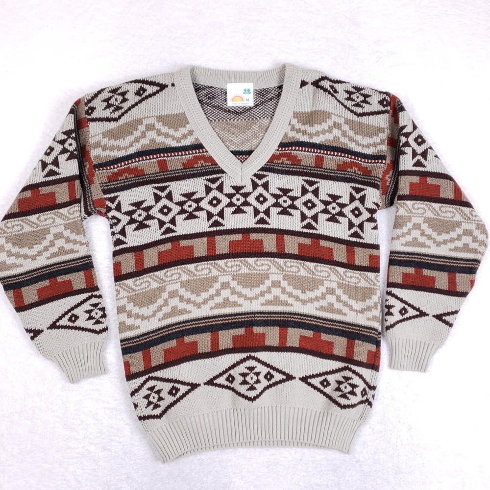 Vintage Made in England Geometric V-Neck Sweater Mens Medium Earth Tone Knit